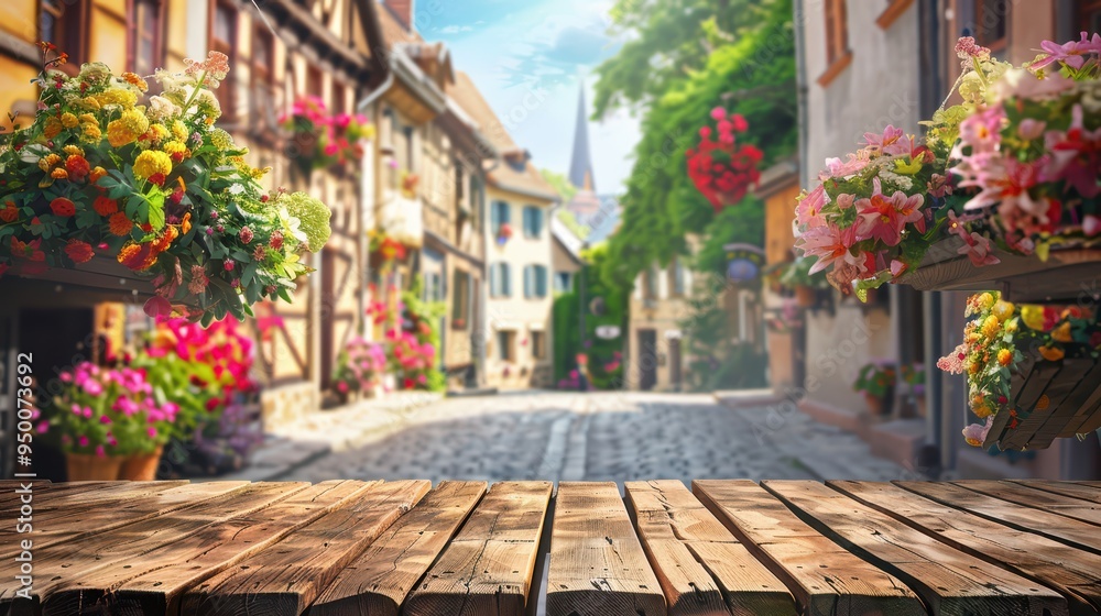 Fototapeta premium Charming cobblestone street with vibrant flowers and rustic buildings, creating a picturesque and inviting atmosphere.