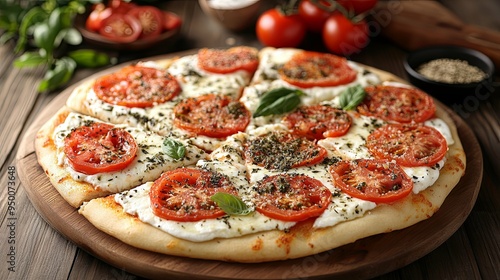 sliced Pizza with Mozzarella cheese, Tomatoes, pepper, Spices and Fresh