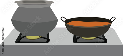 vector illustration of a rice pot and a wok on a kitchen stove isolated on white background