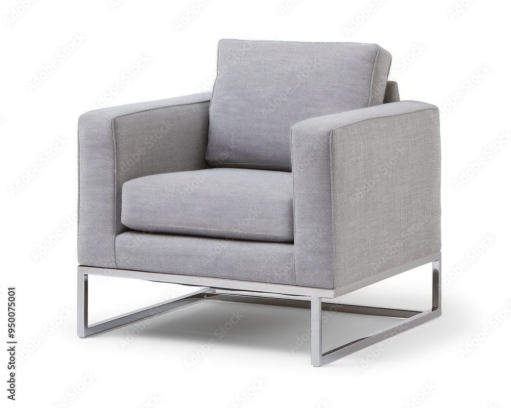 A contemporary lounge chair in grey fabric, featuring a sleek metal frame, isolated on a clean white background. A contemporary lounge chair in grey fabric, featuring a sleek metal frame, isolated on a clean white background.