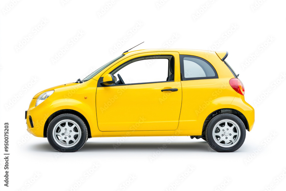 Obraz premium Yellow compact car, small size passenger vehicle isolated on white background. Side view.