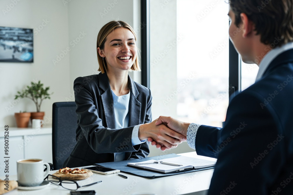 Employer and Job Candidate Handshake: Successful Interview in Modern Office | Perfect for HR and Recruitment Employer and Job Candidate Handshake: Successful Interview in Modern Office | Perfect for HR and Recruitment