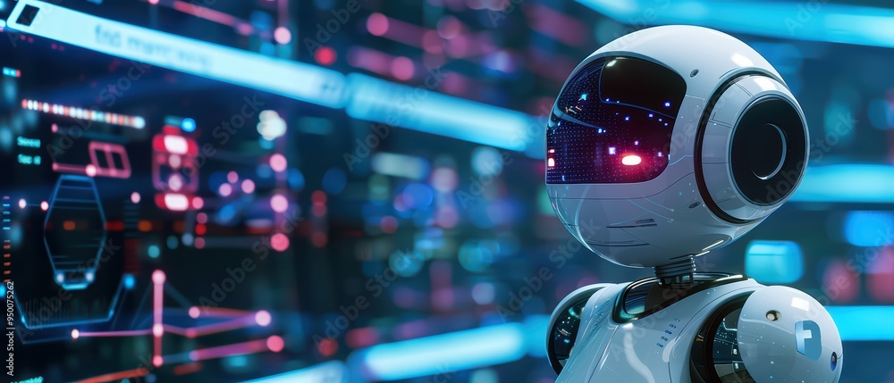 Futuristic robot with a sleek design and bright lights, set against a vibrant technology background. Ideal for tech themes. Futuristic robot with a sleek design and bright lights, set against a vibrant technology background. Ideal for tech themes.