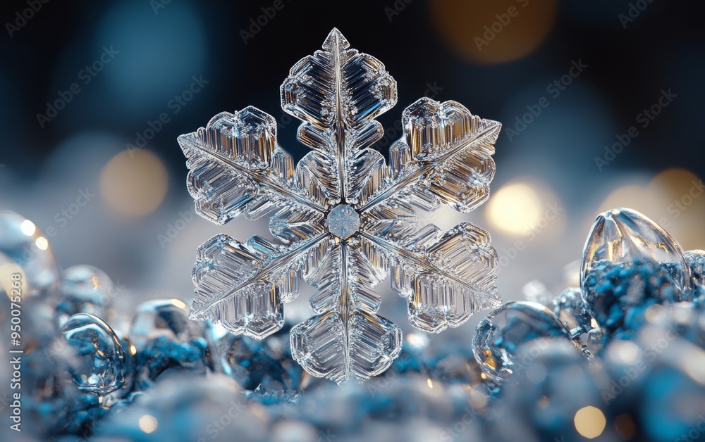 A stunning close-up of a crystal snowflake glistening on a bed of shimmering ice, showcasing intricate details and winter beauty. A stunning close-up of a crystal snowflake glistening on a bed of shimmering ice, showcasing intricate details and winter beauty.