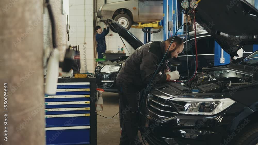 Mechanic man with lamp working at workshop in car service, car repair and maintenance concept