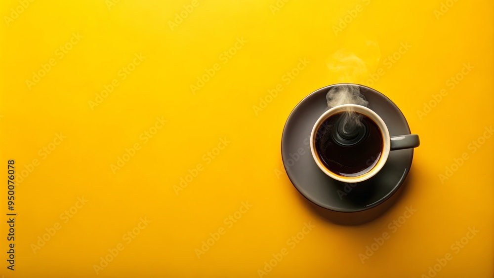 Top view of a black coffee cup with steam on a vibrant yellow background Top view of a black coffee cup with steam on a vibrant yellow background