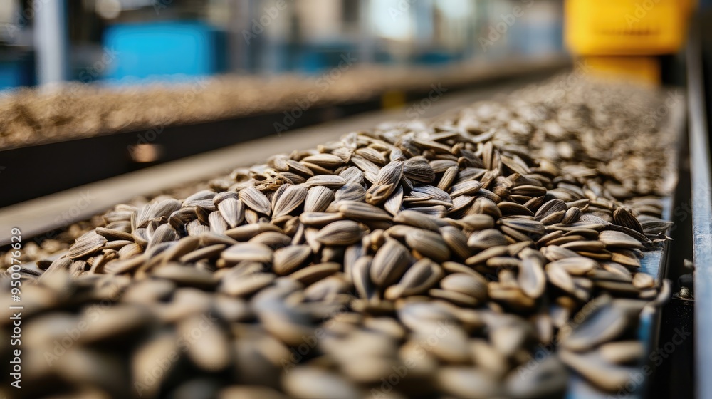 Obraz premium Conveyor Belt Filled with Sunflower Seeds in Food Manufacturing Facility