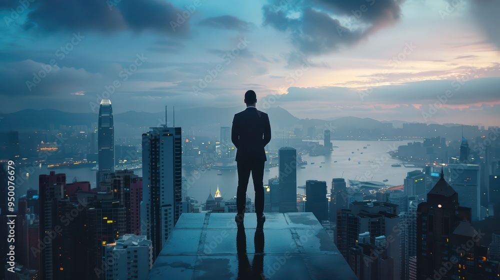 Silhouette of a businessman overlooking a city skyline at sunset, representing ambition and opportunity in urban life. Silhouette of a businessman overlooking a city skyline at sunset, representing ambition and opportunity in urban life.