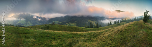 Summer morning in the Carpathian Mountains. Morning fog in the mountains. Nature of Ukraine