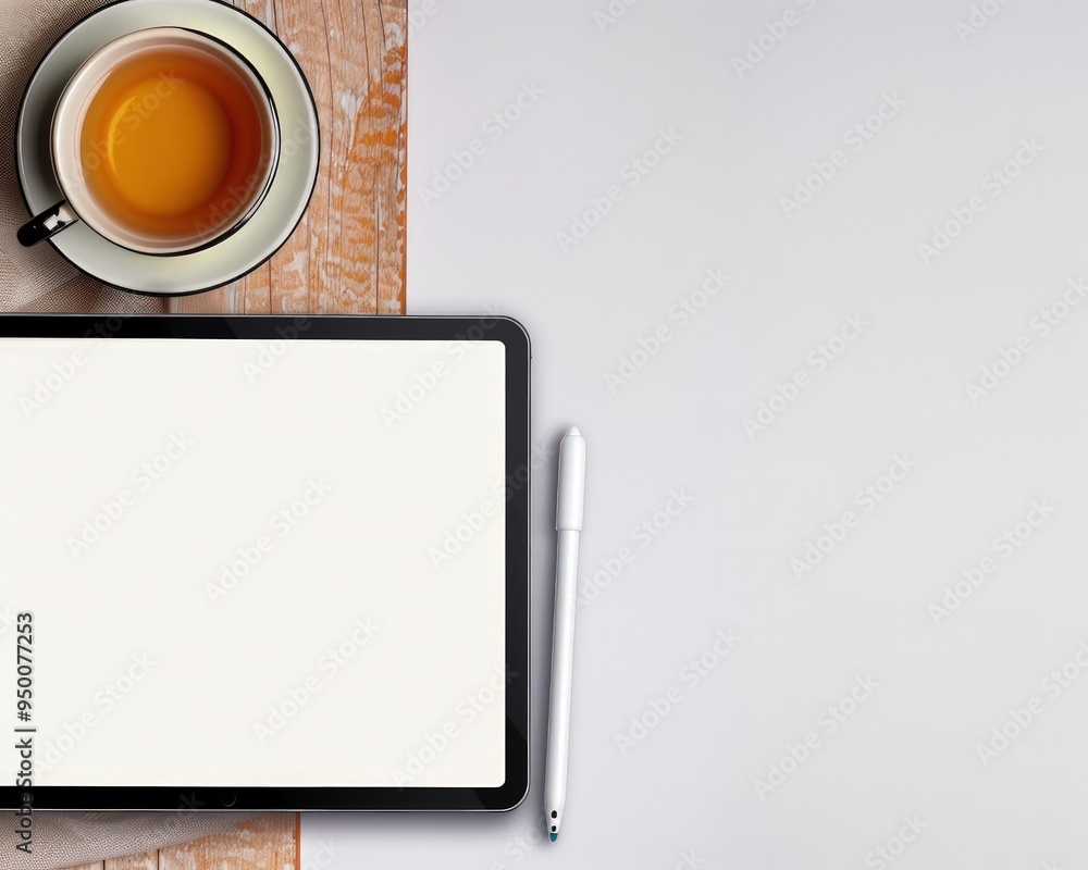 A cozy workspace featuring a tablet, a stylus, and a cup of tea on a wooden desk, isolated on a clean white background for a comfortable work-from-home environment. A cozy workspace featuring a tablet, a stylus, and a cup of tea on a wooden desk, isolated on a clean white background for a comfortable work-from-home environment.