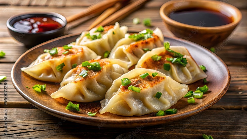 Close-up shot of gyoza or dumplings served with soy sauce, perfect for a snack or appetizer Close-up shot of gyoza or dumplings served with soy sauce, perfect for a snack or appetizer