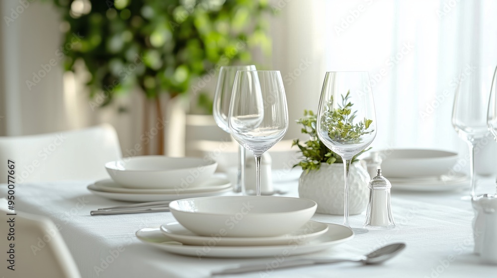 A beautifully set dining table in a white room. A beautifully set dining table in a white room.