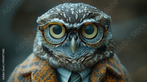 Stylish Owl in Funky Fashion Dress, Jacket, Shirt, Tie, and Glasses Posing on Wide Banner with Space for Text - Cool Animal Look photo