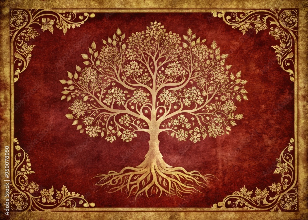 Rich burgundy infographics sprawling like an ancient tree on vintage parchment background, evoking wisdom and traditional values through ornate details and subtle texture. Rich burgundy infographics sprawling like an ancient tree on vintage parchment background, evoking wisdom and traditional values through ornate details and subtle texture.
