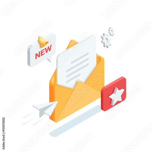 isometric vector open envelope with bell and star, in color on white background, mailing or new important message