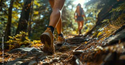 Two people are walking on a trail in the woods. One of them is wearing a backpack. The trail is rocky and the ground is covered in leaves