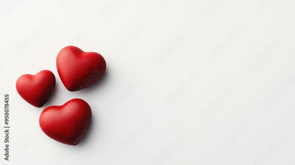 Top view of three matte red heart-shaped stones on a smooth white background, with generous space for copy. Top view of three matte red heart-shaped stones on a smooth white background, with generous space for copy.