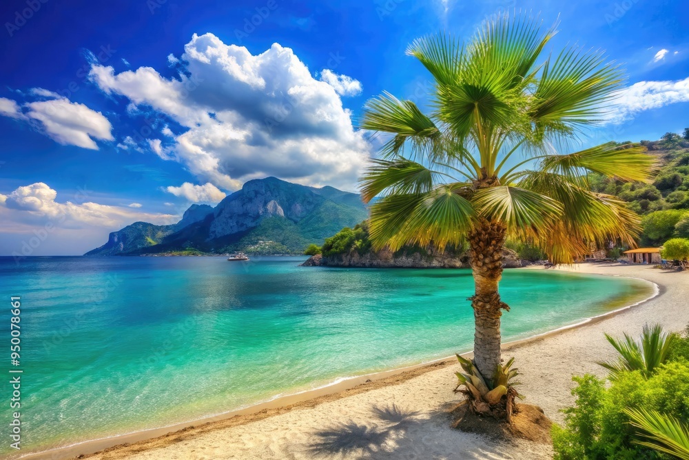 Fototapeta premium Vibrant turquoise beach palmtree tropical summer vacation Kemer paradise