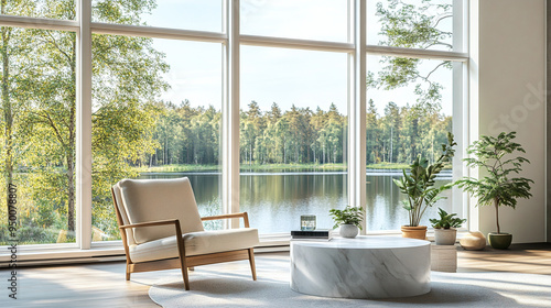 Mid century Modern interiors in the living room with large windows and armchairs and tables. Generative AI 