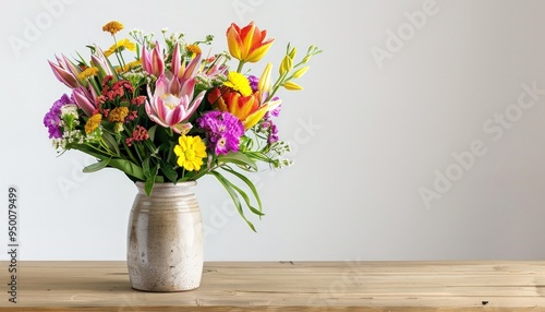 Wallpaper Mural A beautifully arranged bouquet of fresh flowers in a rustic vase, set on a wooden table, isolated on a clean white background. Torontodigital.ca