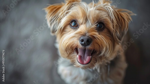 Smiling Playful Dog on Gray Background - Perfect for Advertising Tape with Free Space for Text - Close-Up of Orgi Puppy and Adult Dog Showing Growth Stages