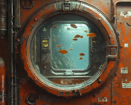 Rusty metal submarine interior with a cyberpunk aesthetic, showcasing fish swimming outside the window Futuristic and immersive