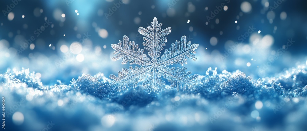 A stunning close-up of a snowflake resting on soft, fresh snow, capturing the beauty of winter in a tranquil setting. A stunning close-up of a snowflake resting on soft, fresh snow, capturing the beauty of winter in a tranquil setting.