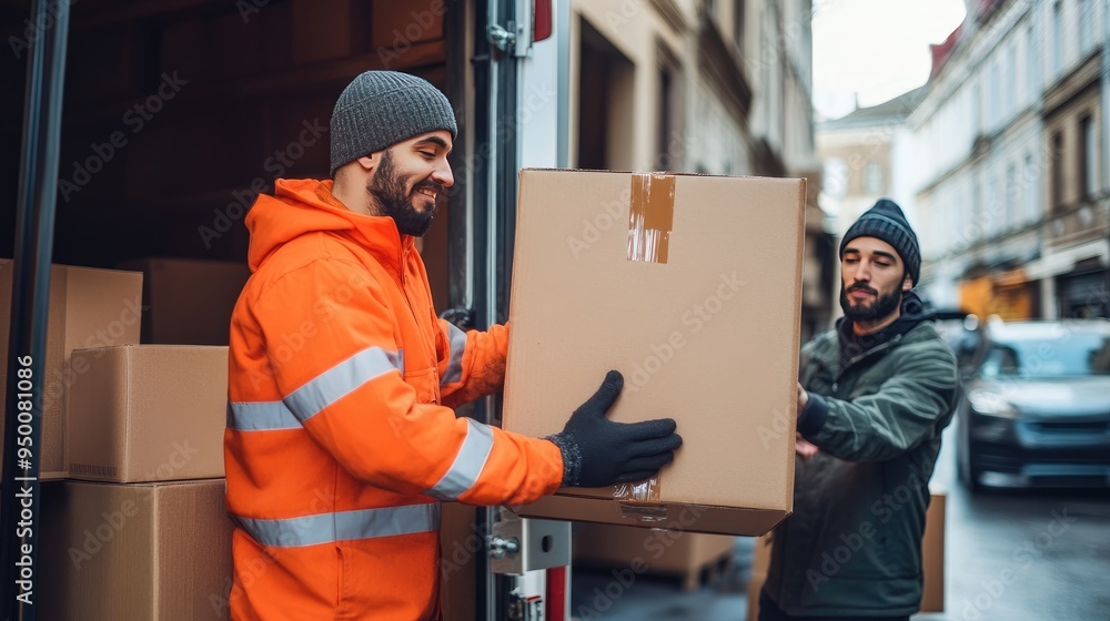 Workers loading cardboard boxes into a delivery truck. Online orders, warehouse logistics, e-commerce fulfillment. Workers loading cardboard boxes into a delivery truck. Online orders, warehouse logistics, e-commerce fulfillment.