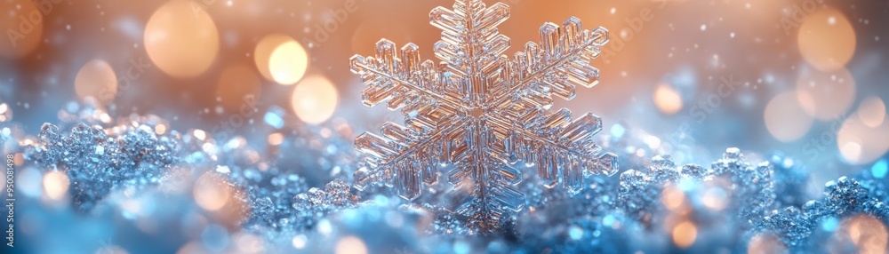 A stunning close-up of a snowflake surrounded by shimmering blue bokeh lights, perfect for winter-themed designs. A stunning close-up of a snowflake surrounded by shimmering blue bokeh lights, perfect for winter-themed designs.