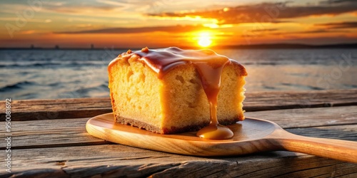 SilkyCaramelSunset: A tender, caramel-topped poundcake slice rests on a weathered wooden spoon, surrounded by warm, orange-hued sunset light and rustic, coastal textures. photo