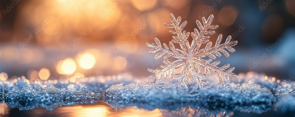 A stunning close-up of a unique snowflake resting on a shimmering surface, capturing the beauty of winter with warm ambient light. A stunning close-up of a unique snowflake resting on a shimmering surface, capturing the beauty of winter with warm ambient light.