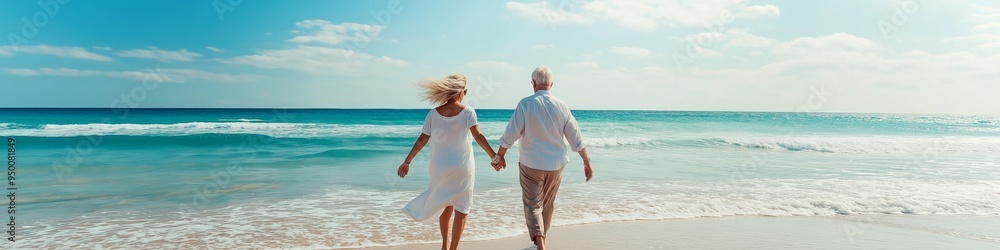 Naklejka premium A couple is walking on the beach holding hands. The beach is calm and peaceful, with the ocean in the background. The couple appears to be enjoying their time together