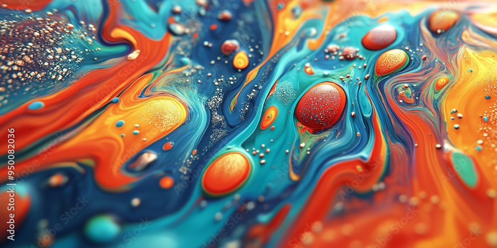A colorful painting with a lot of dots and swirls. The painting is a mix of blue, orange, and red colors A colorful painting with a lot of dots and swirls. The painting is a mix of blue, orange, and red colors