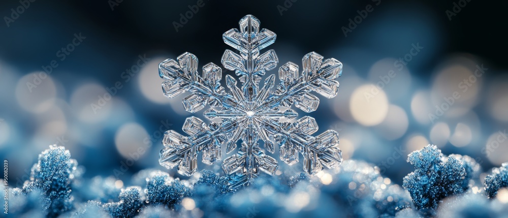 A stunning close-up of a unique snowflake resting on winter frost, showcasing intricate details and sparkling beauty. A stunning close-up of a unique snowflake resting on winter frost, showcasing intricate details and sparkling beauty.