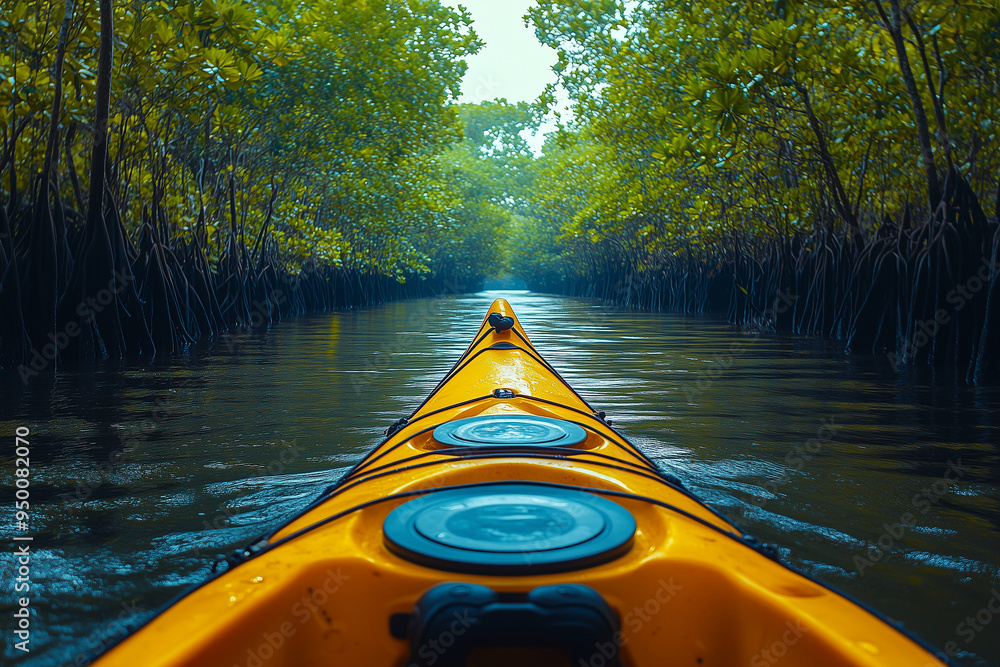 Fototapeta premium Kayak in the river among the mangrove forest, Selective focus yellow kayak in forest canal.