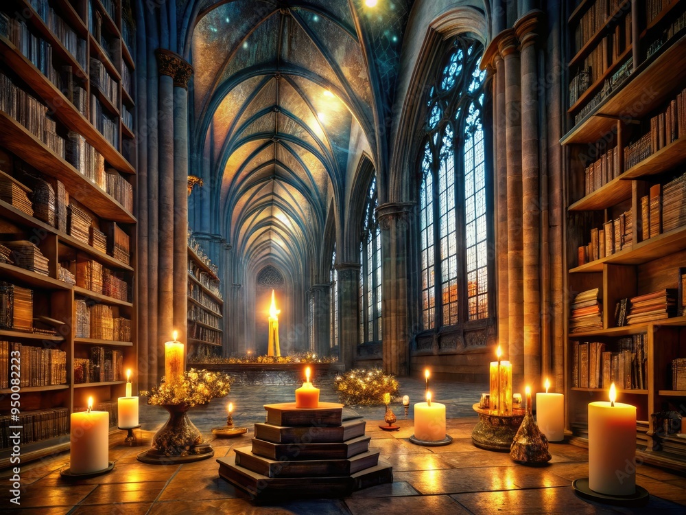 Obraz premium dramatic candlelit overflowing bookcathedral mysteriousnights