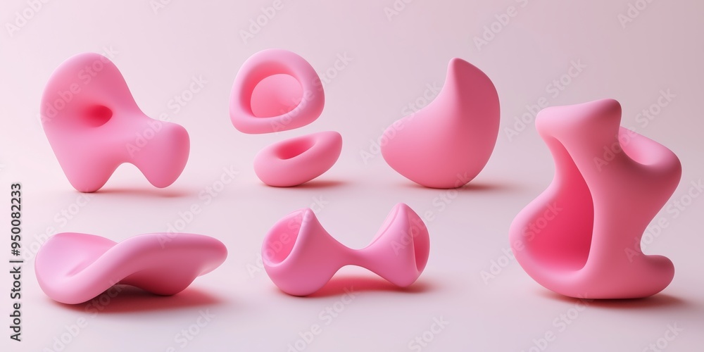 A series of pink, abstract sculptures that appear to be made of plastic. The sculptures vary in size and shape, with some appearing to be twisted or bent. Scene is one of creativity A series of pink, abstract sculptures that appear to be made of plastic. The sculptures vary in size and shape, with some appearing to be twisted or bent. Scene is one of creativity