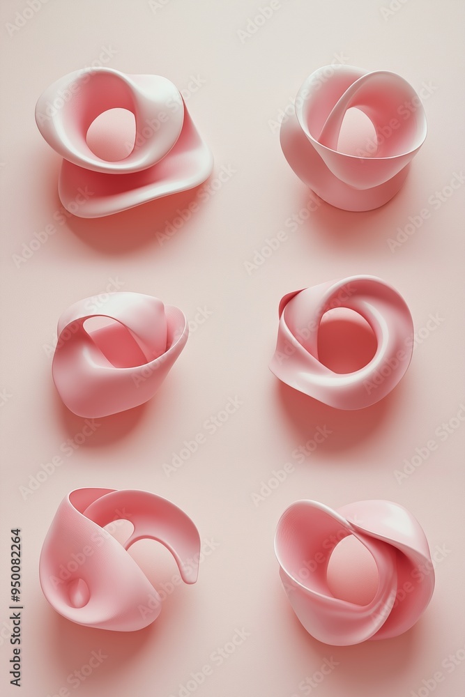 A series of six pink, twisted, and curved shapes. The shapes are arranged in a grid, with some overlapping and others standing alone. Scene is playful and whimsical A series of six pink, twisted, and curved shapes. The shapes are arranged in a grid, with some overlapping and others standing alone. Scene is playful and whimsical