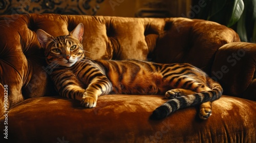 A serene Bengal cat relaxes on a plush brown sofa. The stylish indoor setting showcases elegance and comfort. Perfect for cat lovers and home decor enthusiasts. AI photo