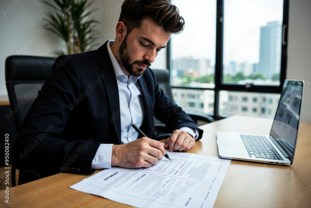 Focused Professional Completing Job Application in Modern Office: Perfect for HR, Recruitment, and Career Websites Focused Professional Completing Job Application in Modern Office: Perfect for HR, Recruitment, and Career Websites