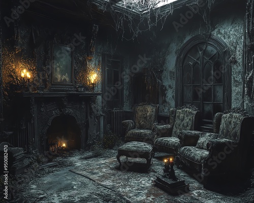 Abandoned haunted house with cobwebcovered furniture, eerie candlelight, dark and dusty rooms, high detail, spectral and unsettling ambiance photo