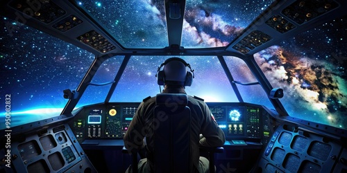 Nighttime mission prep, a special ops pilot's silhouette bathed in the glow of instrument panels, aircraft systems humming, stars shining bright above the black ops aircraft. photo