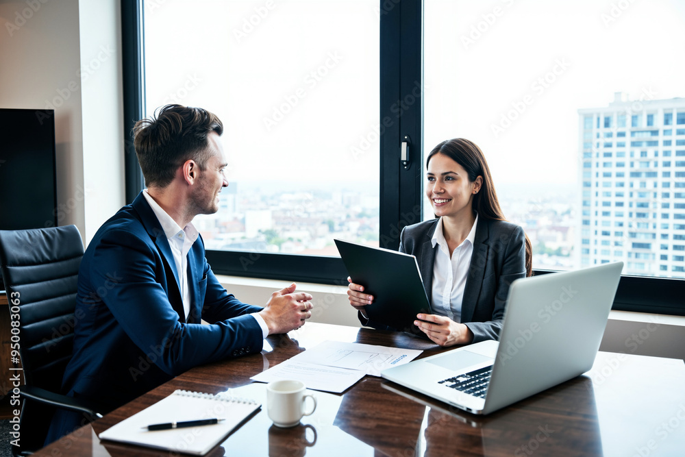 Professional Job Interview Scene: Modern Office with City View | HR, Recruitment, Career Advancement Stock Photo Professional Job Interview Scene: Modern Office with City View | HR, Recruitment, Career Advancement Stock Photo