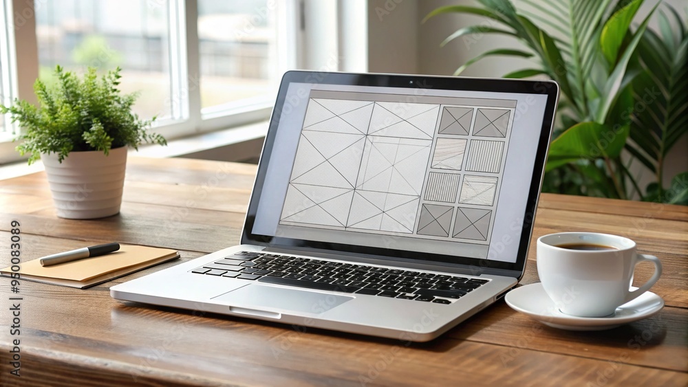 A modern laptop with a wireframe website design on its screen, surrounded by digital design tools and a cup of coffee, on a minimalist wooden desk. A modern laptop with a wireframe website design on its screen, surrounded by digital design tools and a cup of coffee, on a minimalist wooden desk.