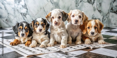 elegant sophisticated luxurious large crossword puzzle on marble table surroundedby cute puppies photo