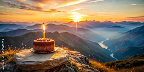 A birthday cake with a single candle on a mountain peak at sunrise