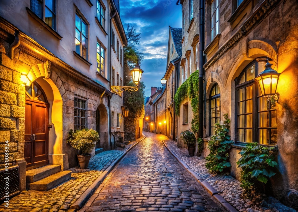 Fototapeta premium narrow cobblestone street medieval European architecture old town mysterious alleys dim warm lighting ancient history cinematic atmosphere