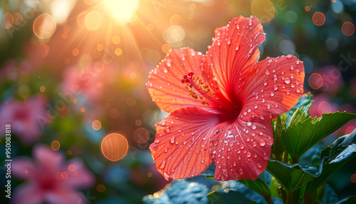 A red flower with dew drops on it. The flower is surrounded by green leaves. The image has a bright and cheerful mood