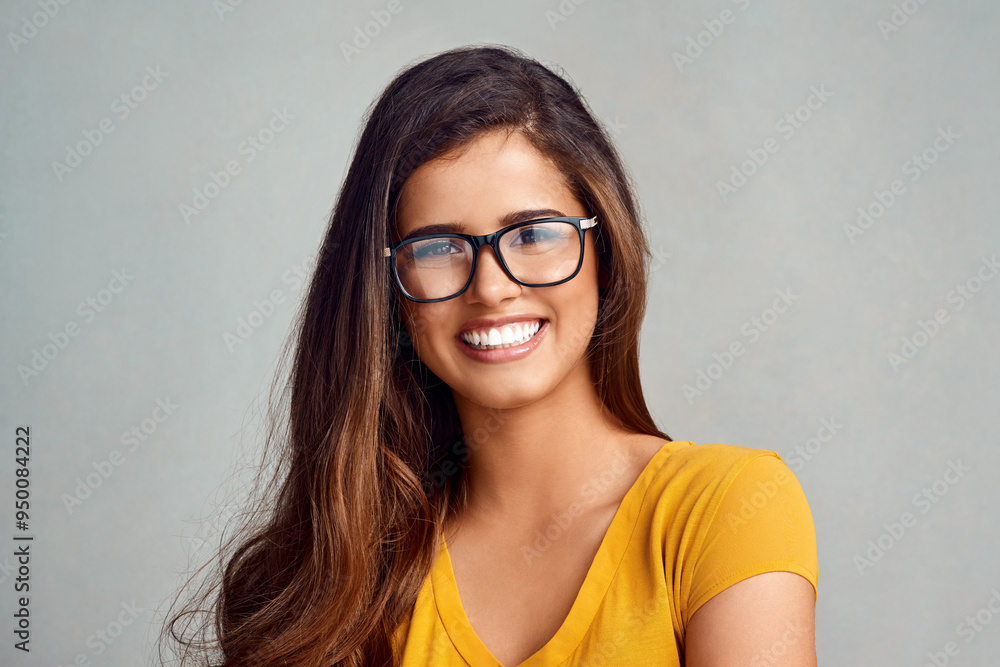 Studio, confidence and portrait of woman with glasses, smile and positive attitude in trendy fashion. Happy, face and girl in gen z style with pride, vision and eye care wellness on grey background Studio, confidence and portrait of woman with glasses, smile and positive attitude in trendy fashion. Happy, face and girl in gen z style with pride, vision and eye care wellness on grey background