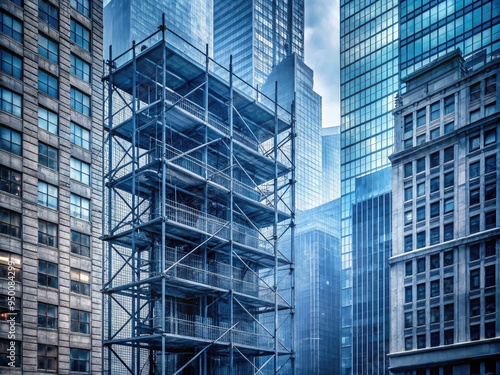 monochromatic industrial chic with scaffolding latticework against nyc skyscraper facade in shades of grey and blue misty morning